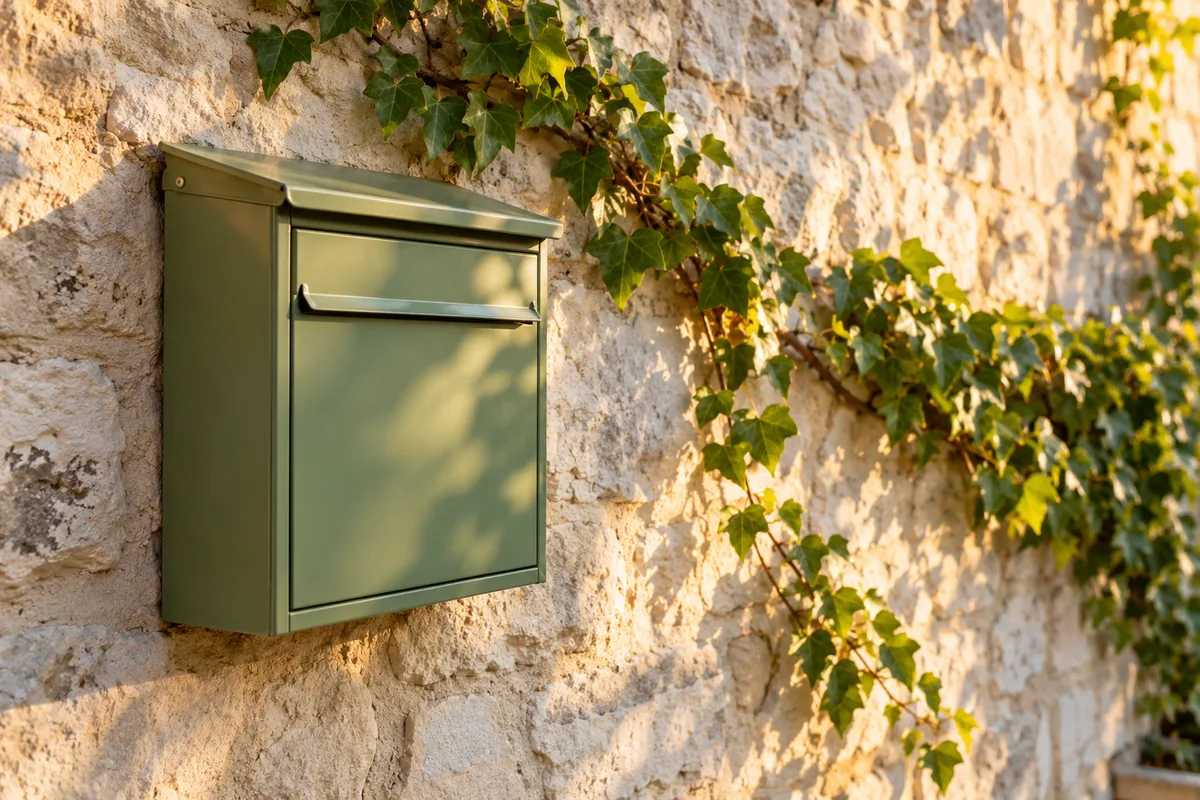 Boîte aux lettres murale en métal vert sauge, volet fermé, fixée sur un mur de pierre claire bordé de lierre
