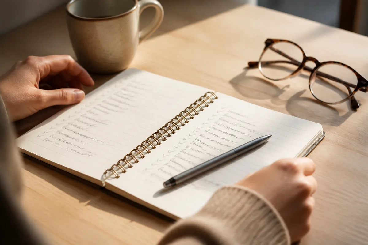 Carnet de cadrage ouvert sur un plan de travail avec des notes manuscrites