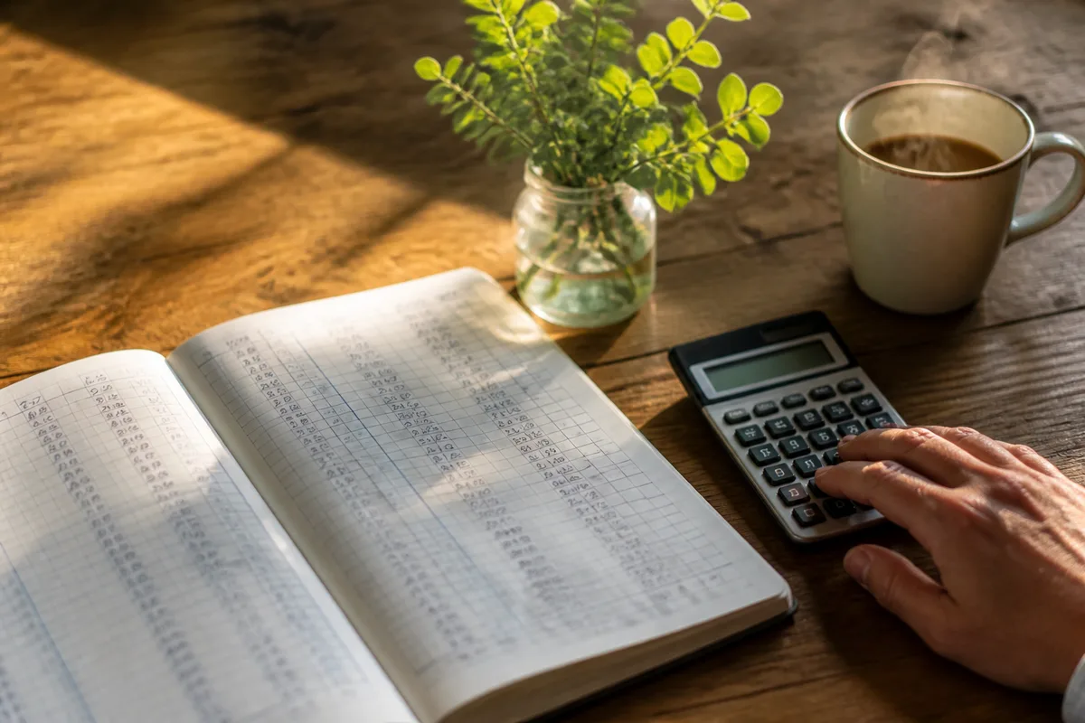 Plan de travail avec cahier de suivi, calculatrice et lumière naturelle