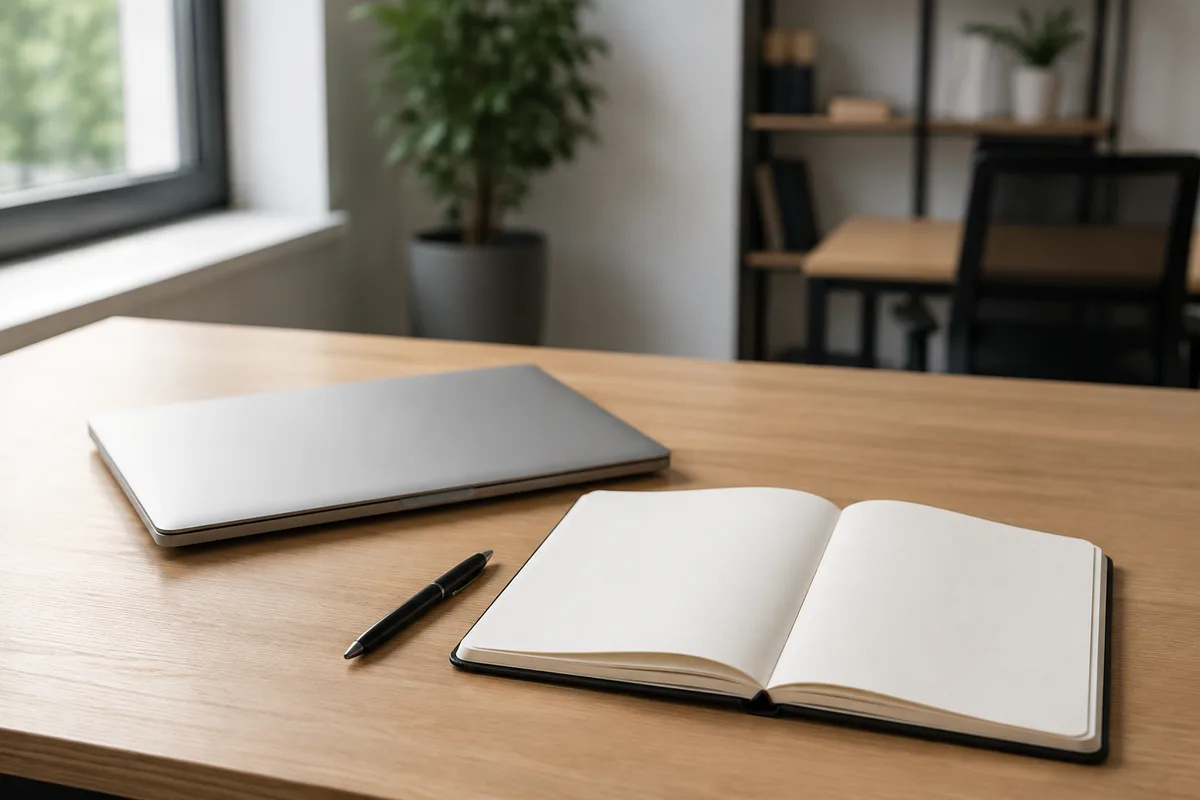 Écran d ordinateur portable fermé posé près d un carnet à pages vierges