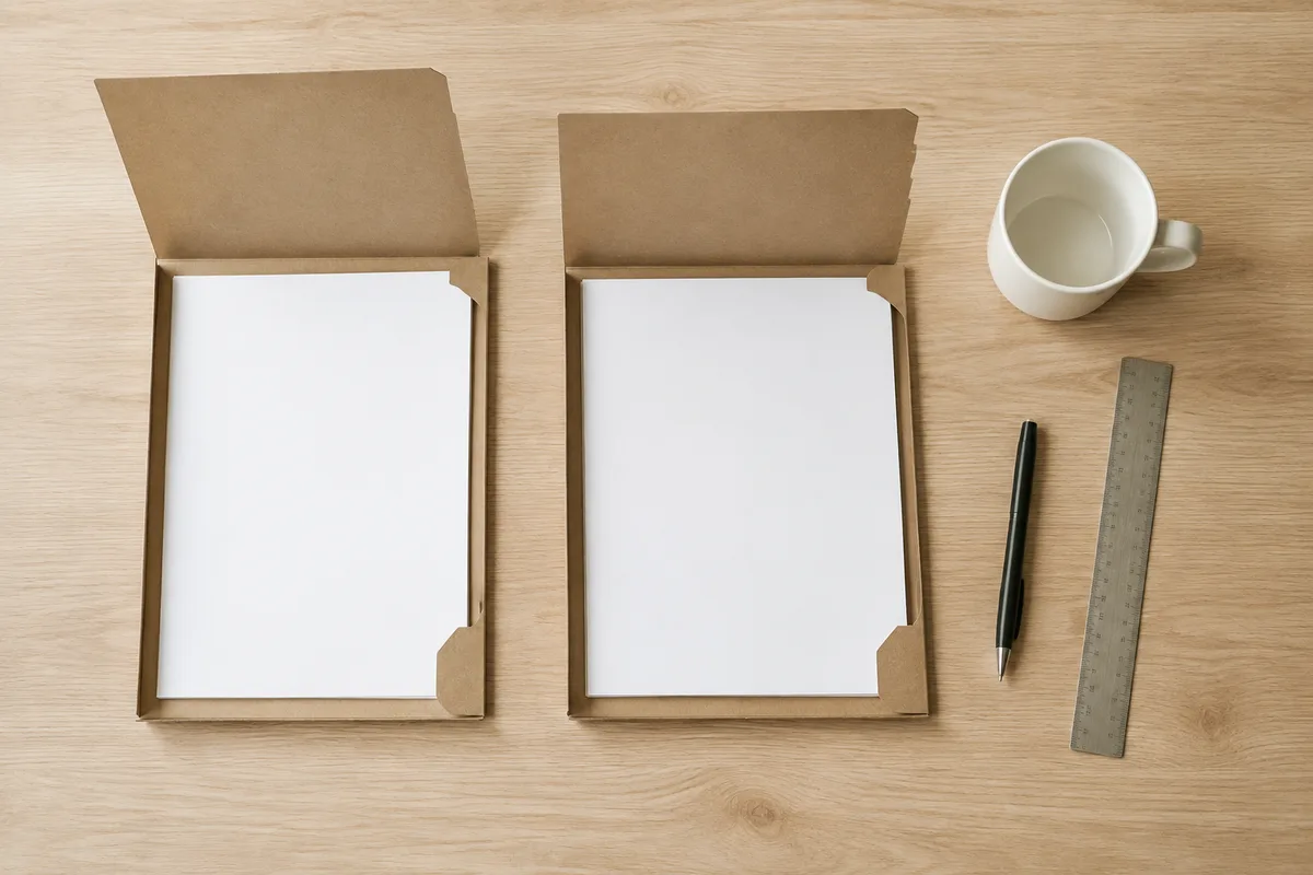 Table de travail avec pochettes cartonnées ouvertes et une tasse blanche