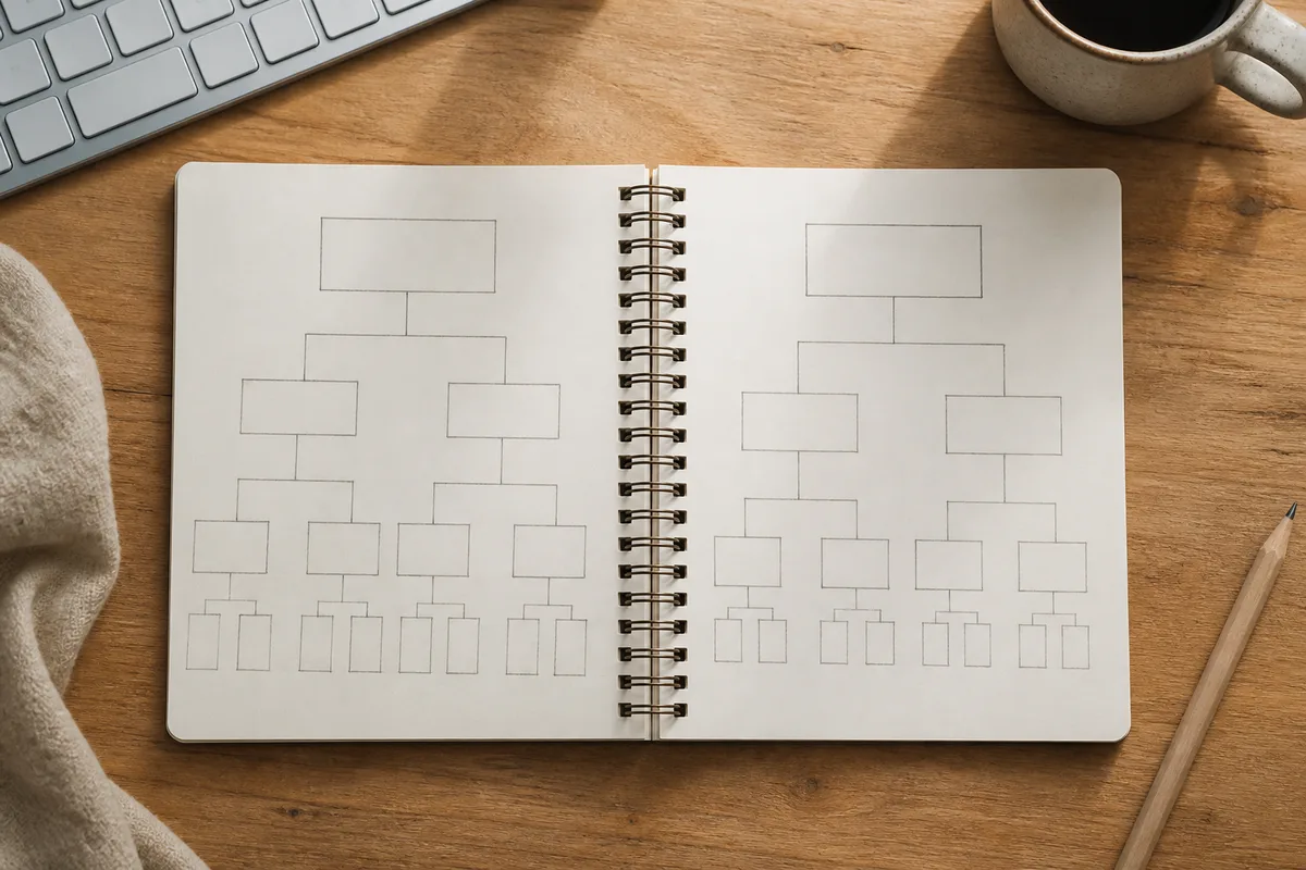 Vue en plongée d&rsquo;un carnet ouvert couvert de rectangles et de traits reliés tracés au crayon, à côté d&rsquo;un clavier et d&rsquo;une tasse en grès, lumière naturelle du matin