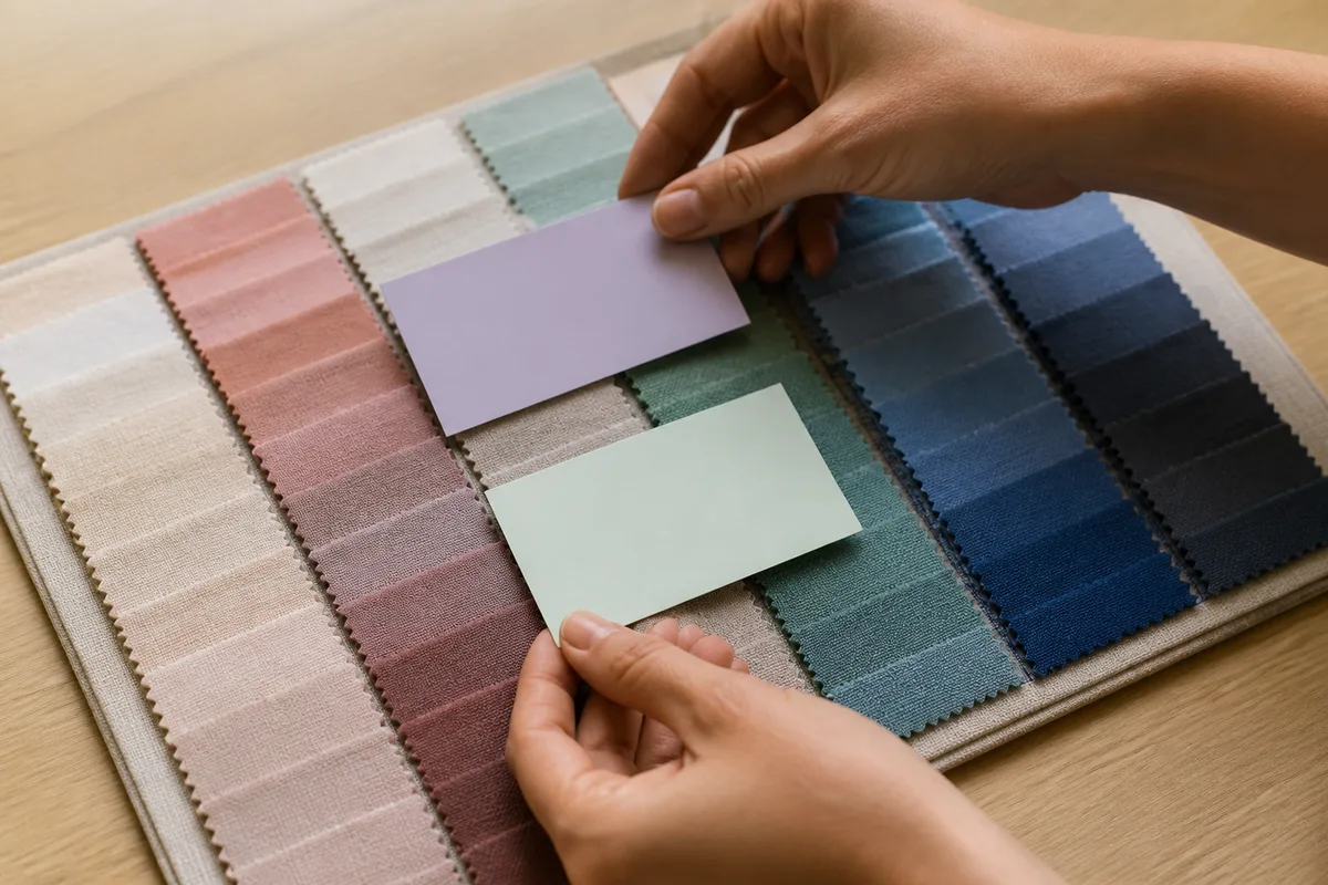 Deux mains posant des étiquettes de papier vierges sur une planche d&rsquo;échantillons de tissus classés par teinte, sur un plan de travail en bois clair