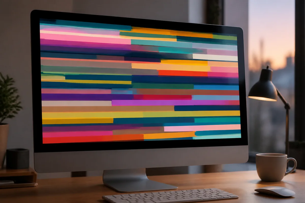 Écran d&rsquo;ordinateur affichant un empilement dense de barres horizontales colorées de longueurs variées, dans un bureau sobre en fin de journée