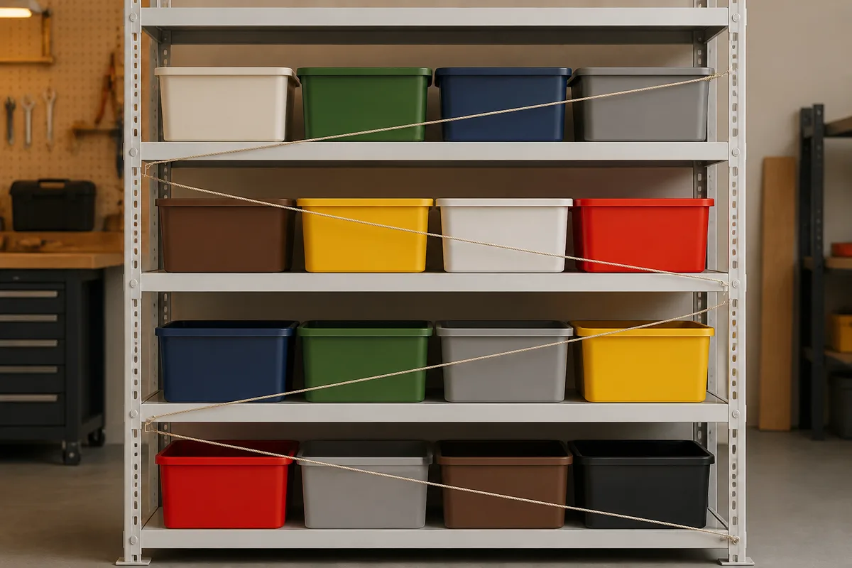 Rayonnage d&rsquo;atelier garni de bacs de rangement unis de couleurs différentes reliés par des cordons de coton tendus en diagonale, éclairage d&rsquo;appoint chaud