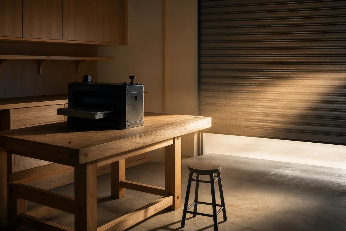 Atelier artisanal rangé au petit matin, établi en bois vide, machine industrielle et tabouret, lumière entrant par un rideau métallique entrouvert