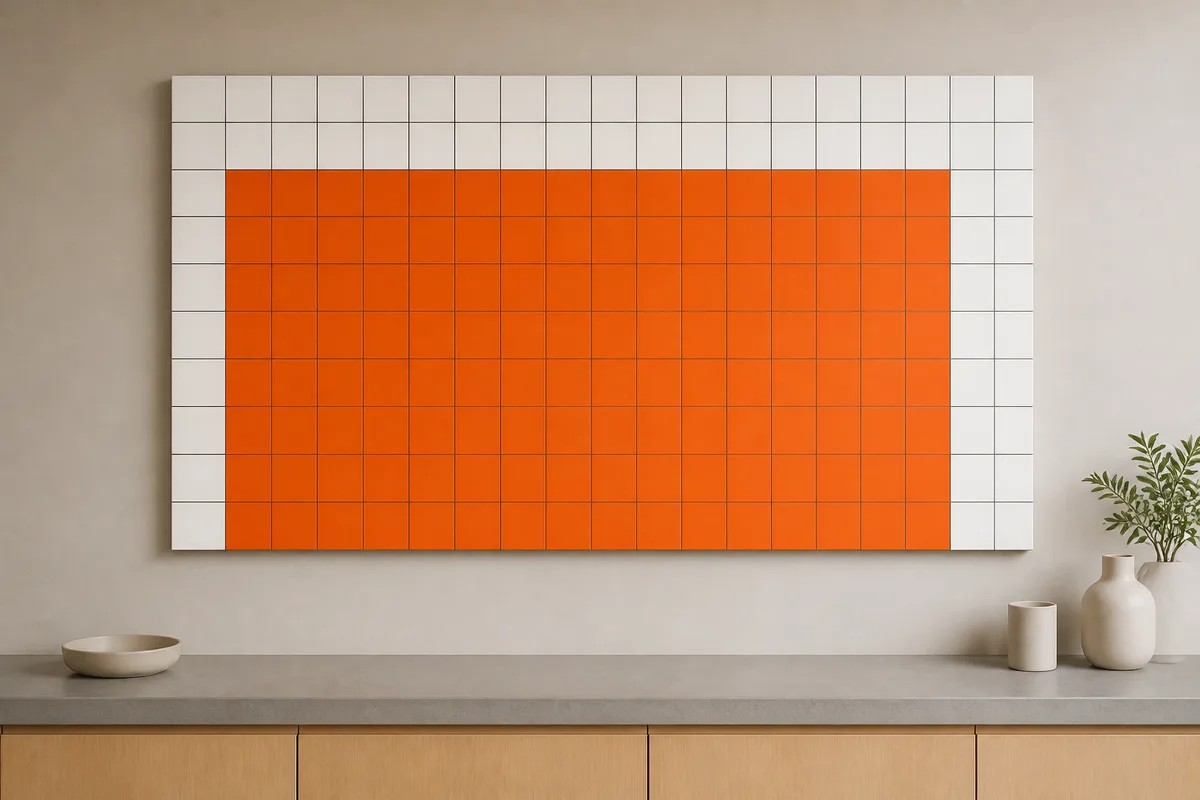 Grande grille murale de carrés vierges dont une portion est peinte en aplat de couleur vive, accrochée au-dessus d&rsquo;un plan de travail rangé