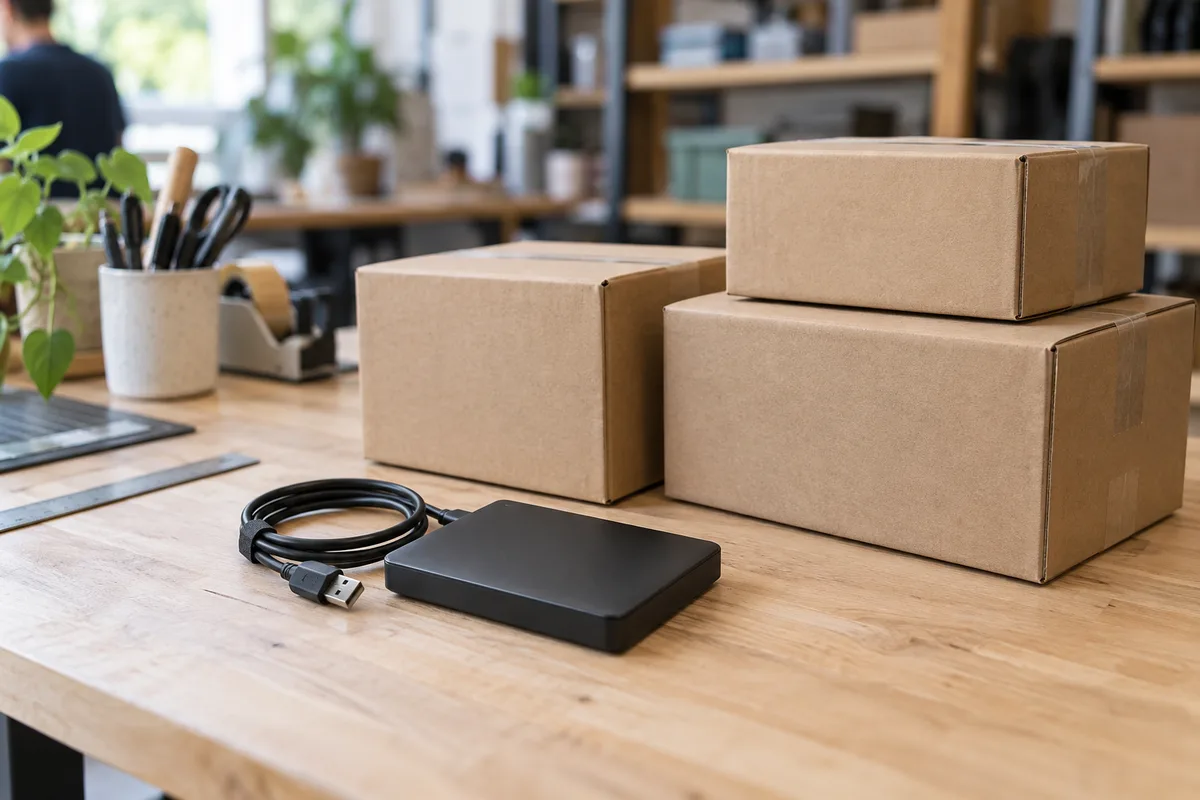 Disque dur externe noir et câble posés près de colis en carton brun sur une table d&rsquo;atelier