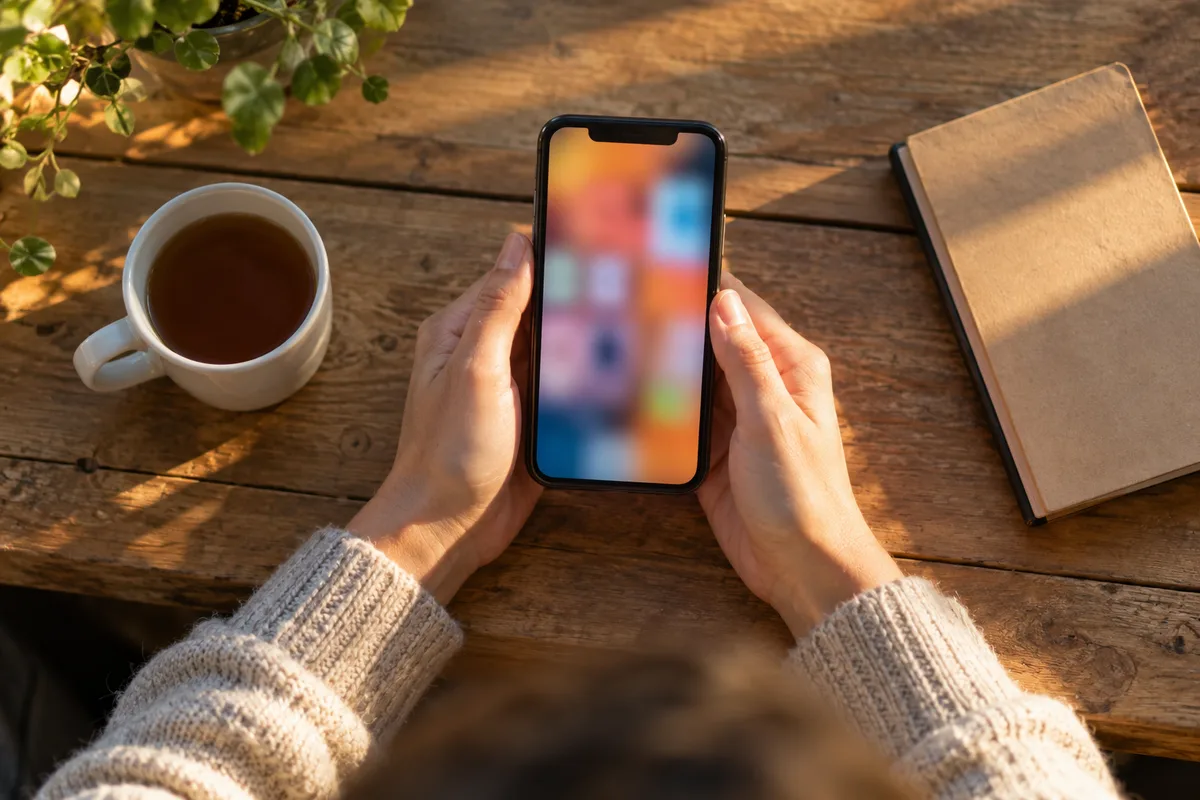 Mains tenant un smartphone à la verticale au-dessus d&rsquo;une table, écran lumineux et flou